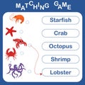 Vector illustration with a children`s educational game with underwater sea inhabitants.